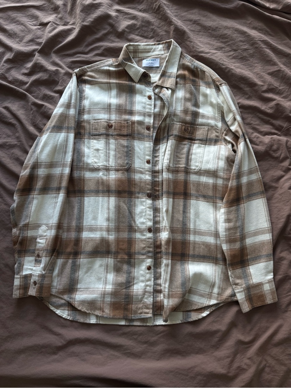Old Navy Cream and Brown Plaid Button-Down Shirt